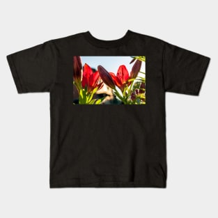 Bright red lily (Lilium) flowers against evening sun Kids T-Shirt